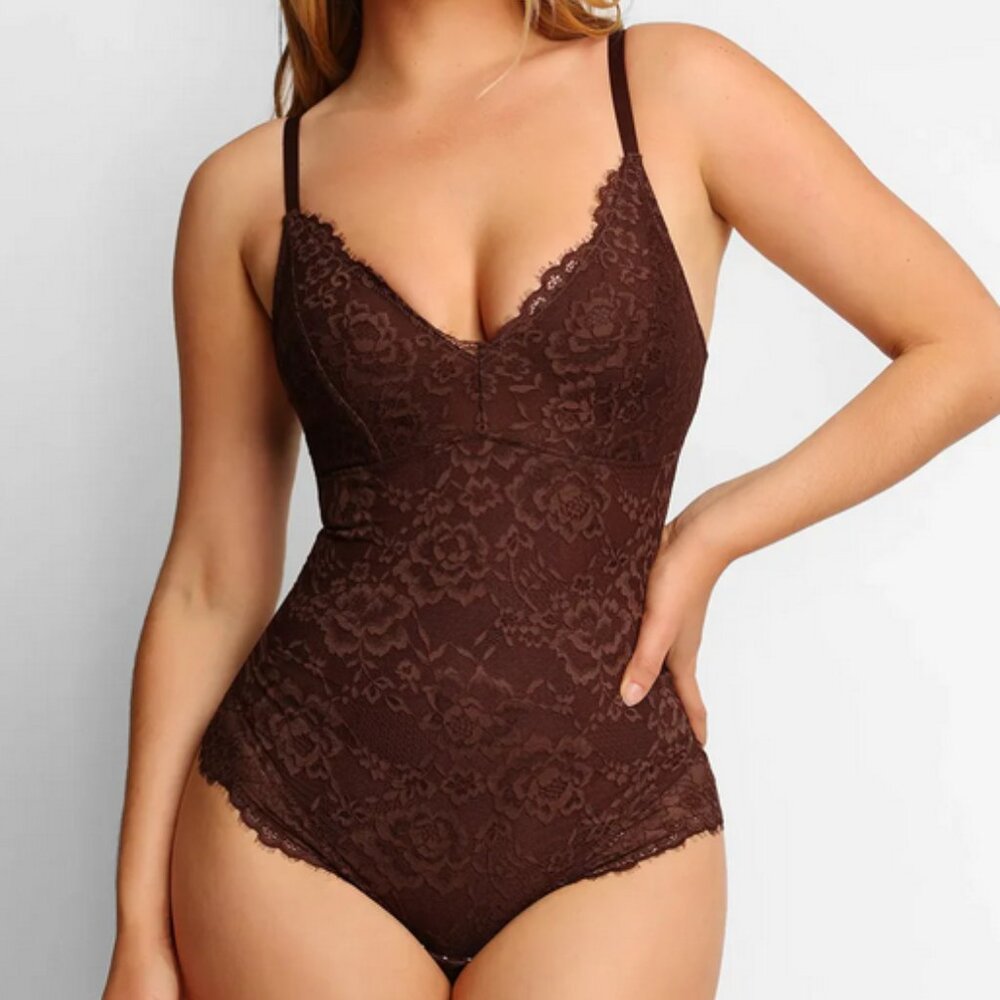 Shapewear Firm Control Smoothing Full Lace Thong Bodysuit Brown L